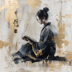 Inkttekening van een lezende Chinese vrouw.